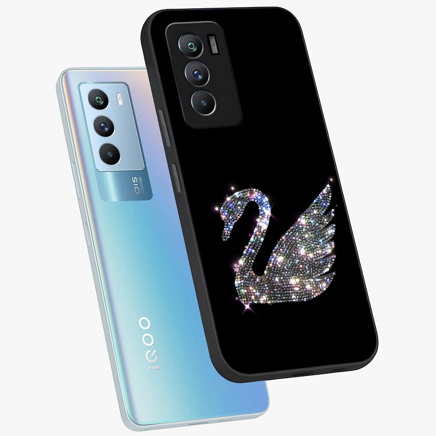 Starlit Swan Grace Glass Case displayed in angled mockup highlighting elegant swan illustration with dreamy celestial aesthetic.