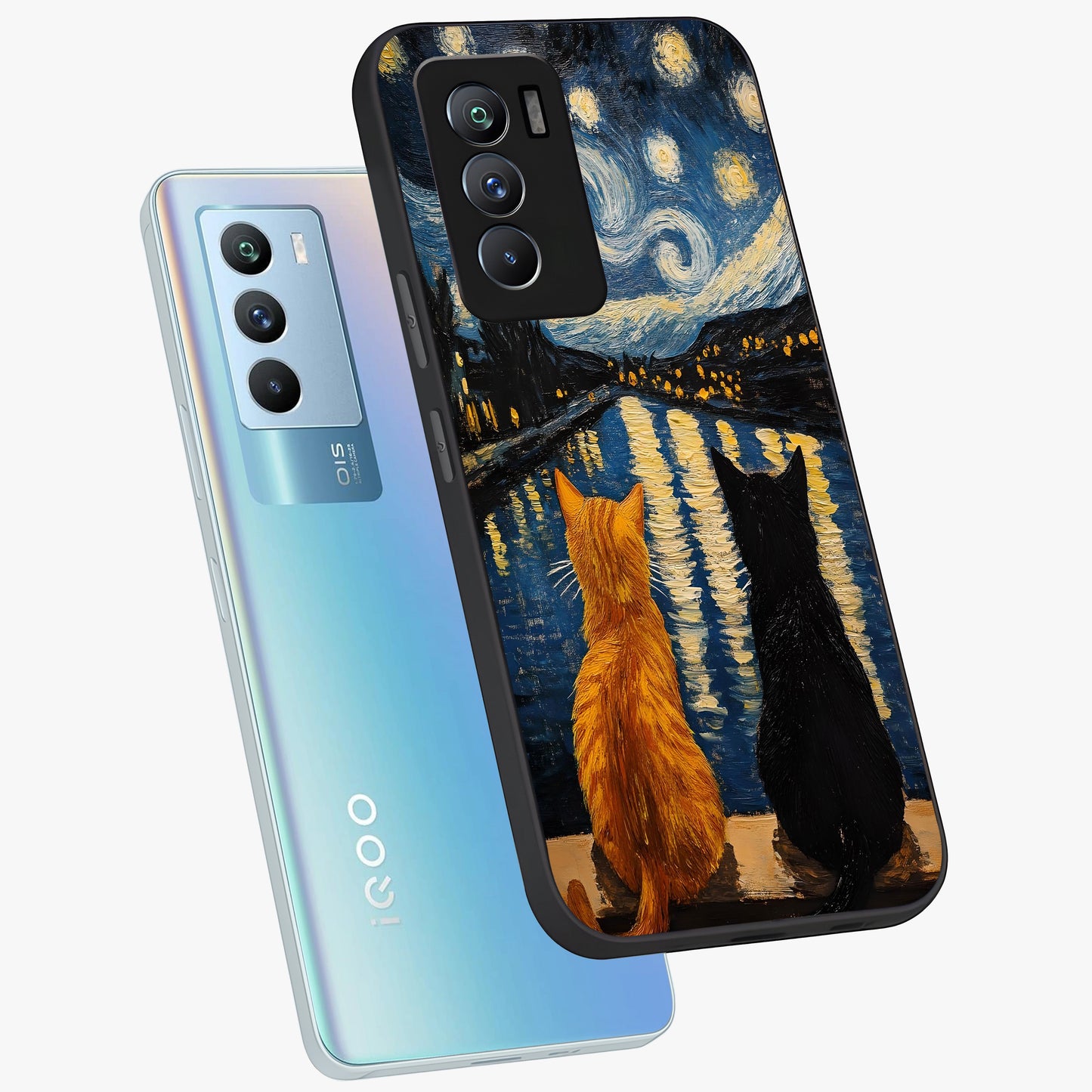 Starry River Cats Glass Case displayed in angled mockup highlighting charming feline illustration with dreamy night aesthetic.
