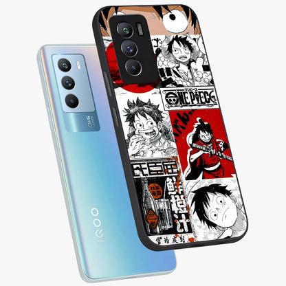 Strawhat Chaos Panels Glass Case displayed in angled mockup highlighting vibrant anime collage design with action aesthetic.