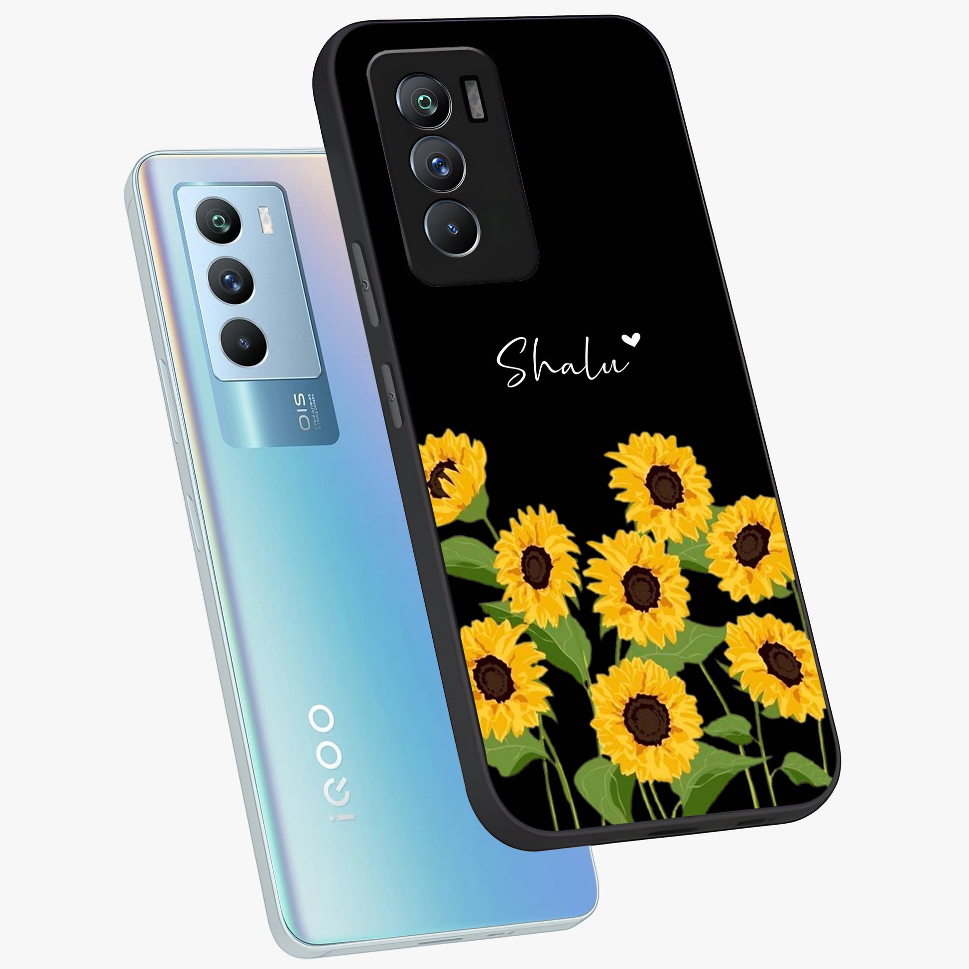 Sunflower Chic Mood Custom Name Glass Case displayed in angled mockup highlighting vibrant sunflower design with custom name feature.