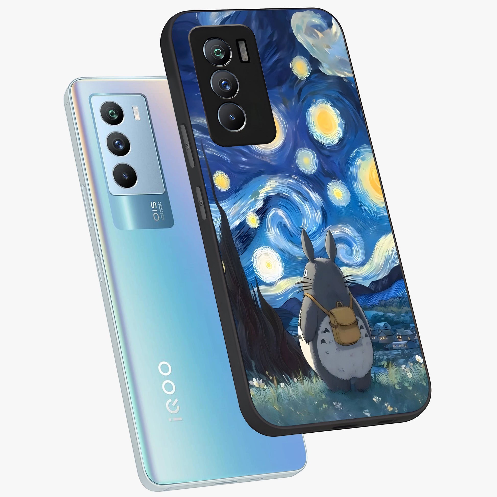 Totoro In Van Gogh Art Glass Case displayed in angled mockup highlighting artistic swirling sky design with playful animation aesthetic.