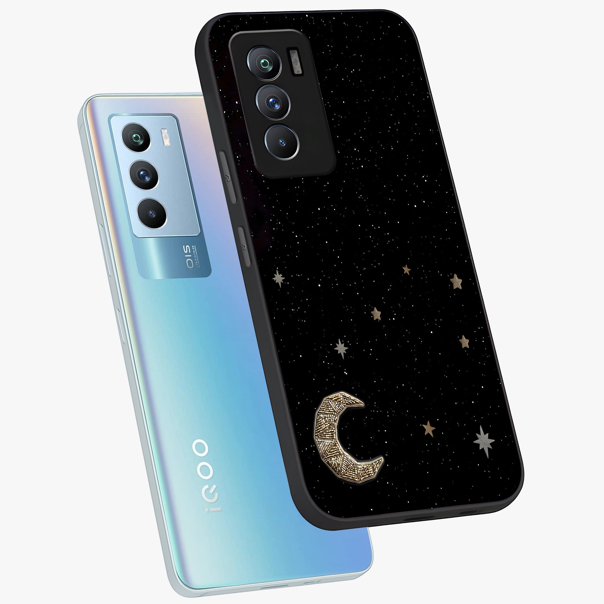 Twinkle Star With Half Moon Glass Case displayed in angled mockup highlighting celestial moon and star design with magical aesthetic.