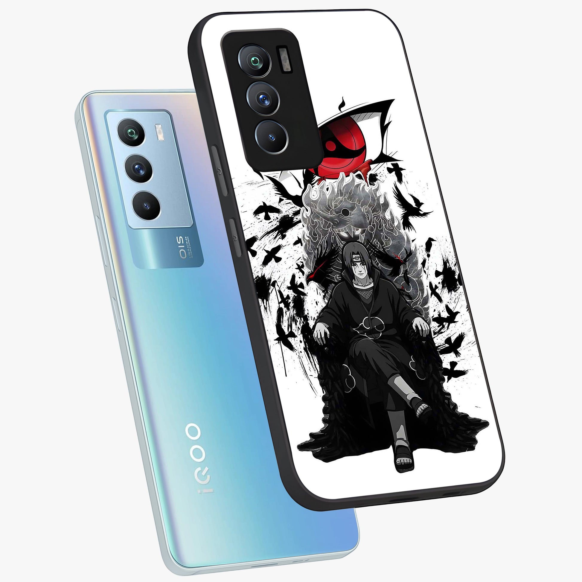 Uchiha Shadow Throne Glass Case displayed in angled mockup highlighting glowing aquatic design with celestial aesthetic.