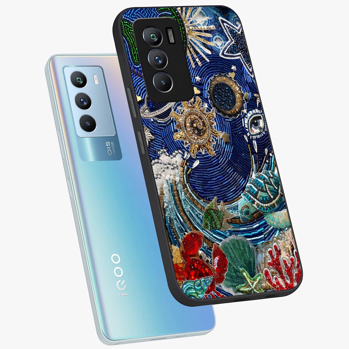 Universe Underwater Spark Glass Case displayed in angled mockup highlighting glowing aquatic design with celestial aesthetic.