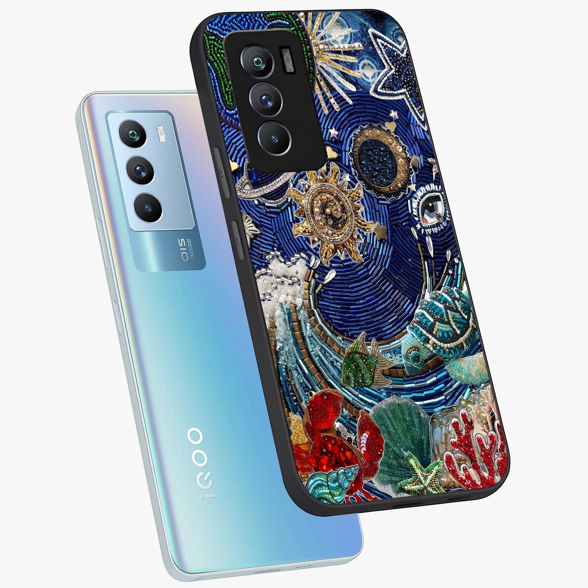 Universe Underwater Spark Glass Case displayed in angled mockup highlighting glowing aquatic design with celestial aesthetic.