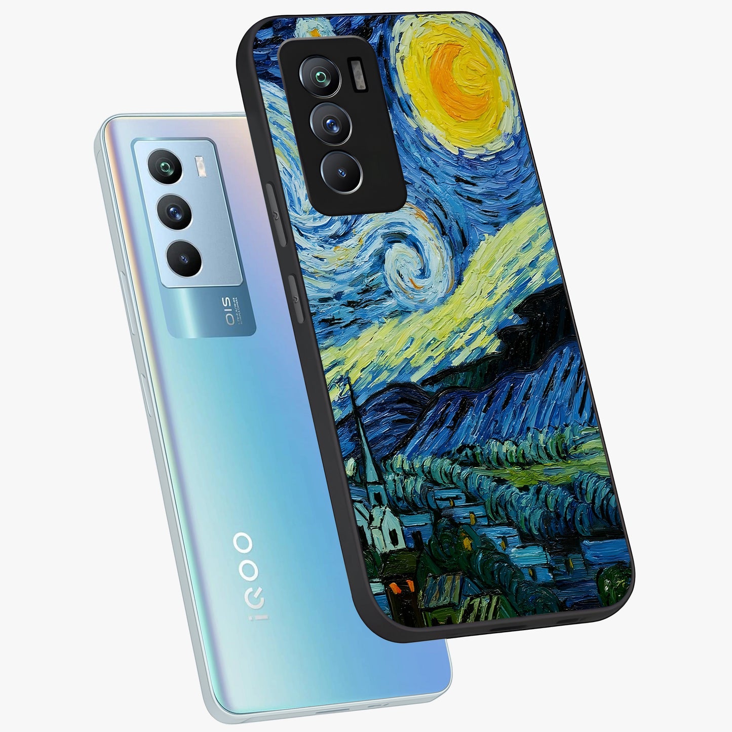 Van Gogh Art Glass Case displayed in angled mockup highlighting swirling brushstroke design with artistic aesthetic.