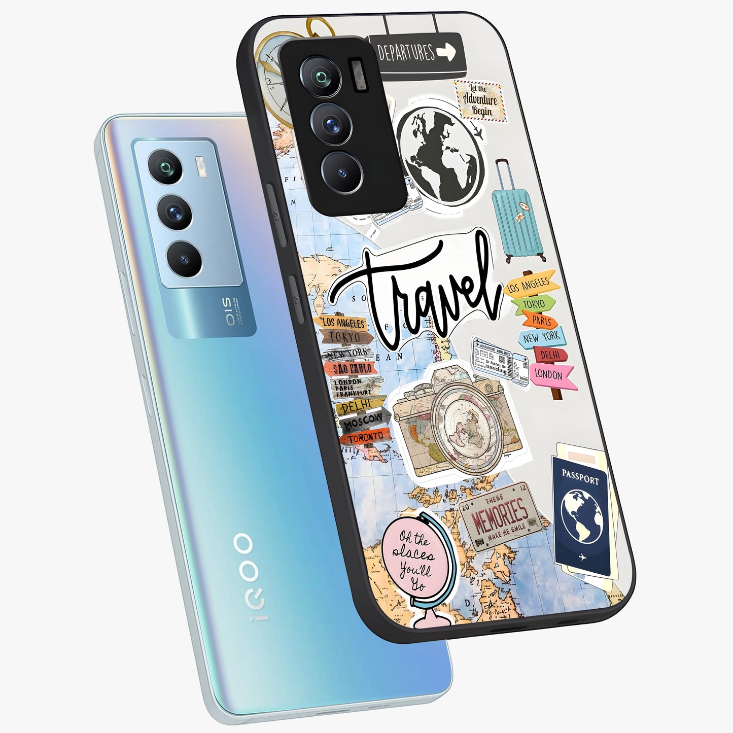 Wanderlust Journal Glass Case displayed in angled mockup highlighting adventure themed design with aesthetic travel vibe.