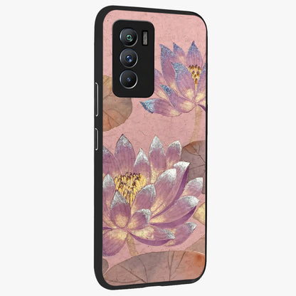 Blossom Mist Lotus Glass Case upright view showcasing graceful lotus flower design with peaceful botanical style.