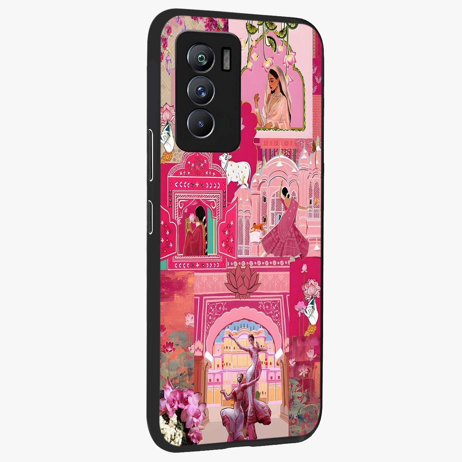 Blossoms of Rajasthan Glass Case upright view showcasing colorful floral design inspired by traditional Indian art.