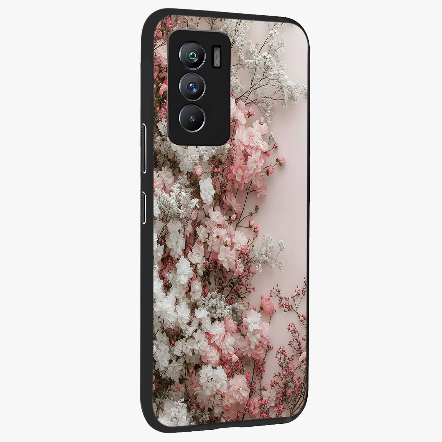 Blush Blossom Cloud Glass Case upright view showcasing calm floral cloud artwork with gentle dreamy theme.