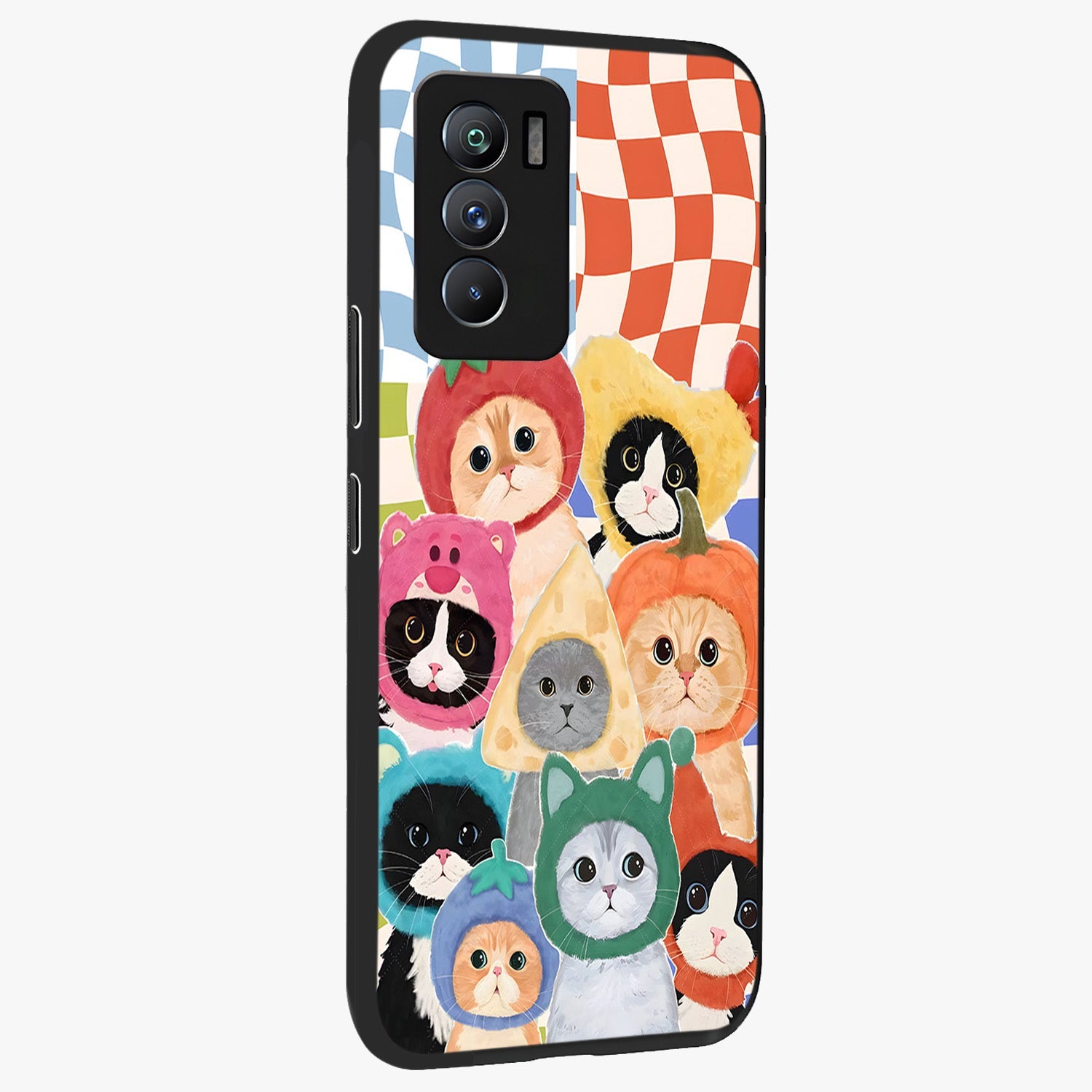 Cats in Fruits Glass Case upright view showcasing charming cat artwork with fun fruity theme.