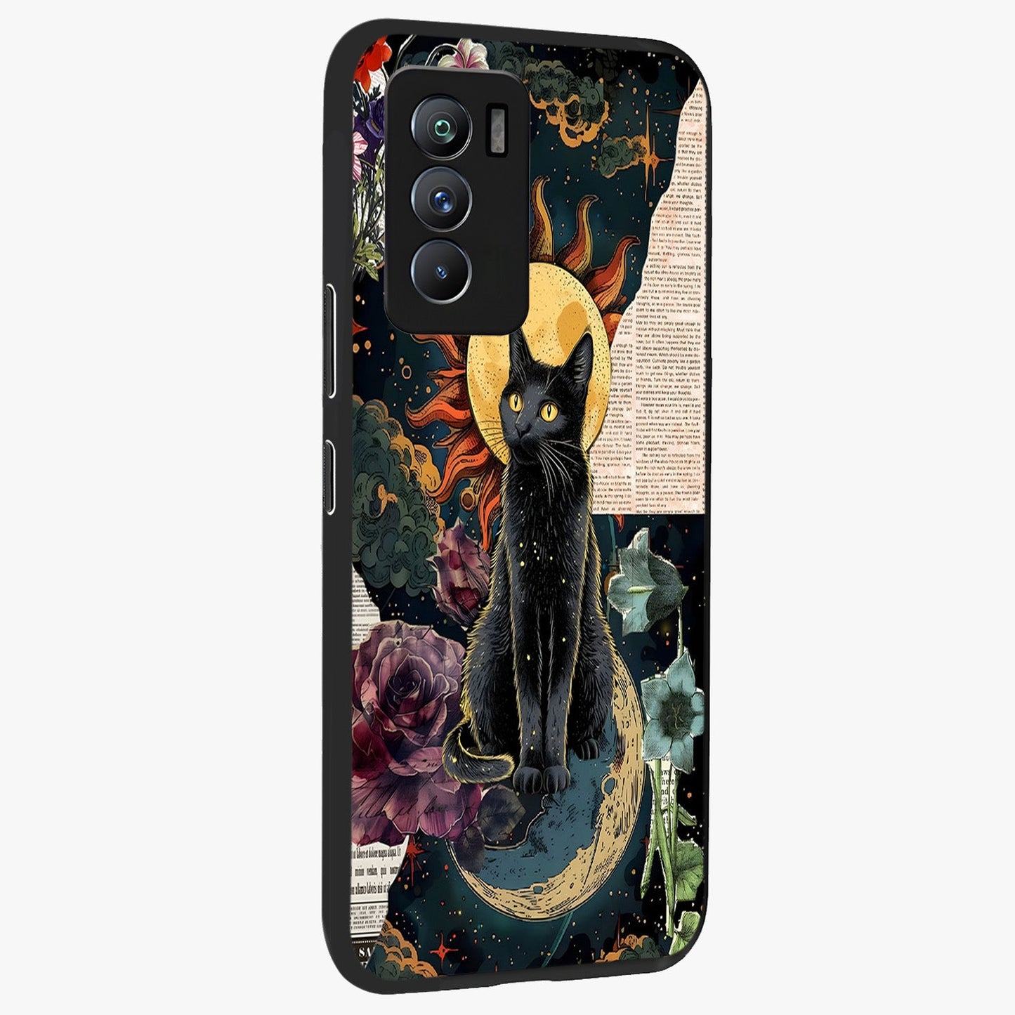 Celestial Black Cat Glass Case upright view showcasing magical black cat illustration with starry cosmic theme.