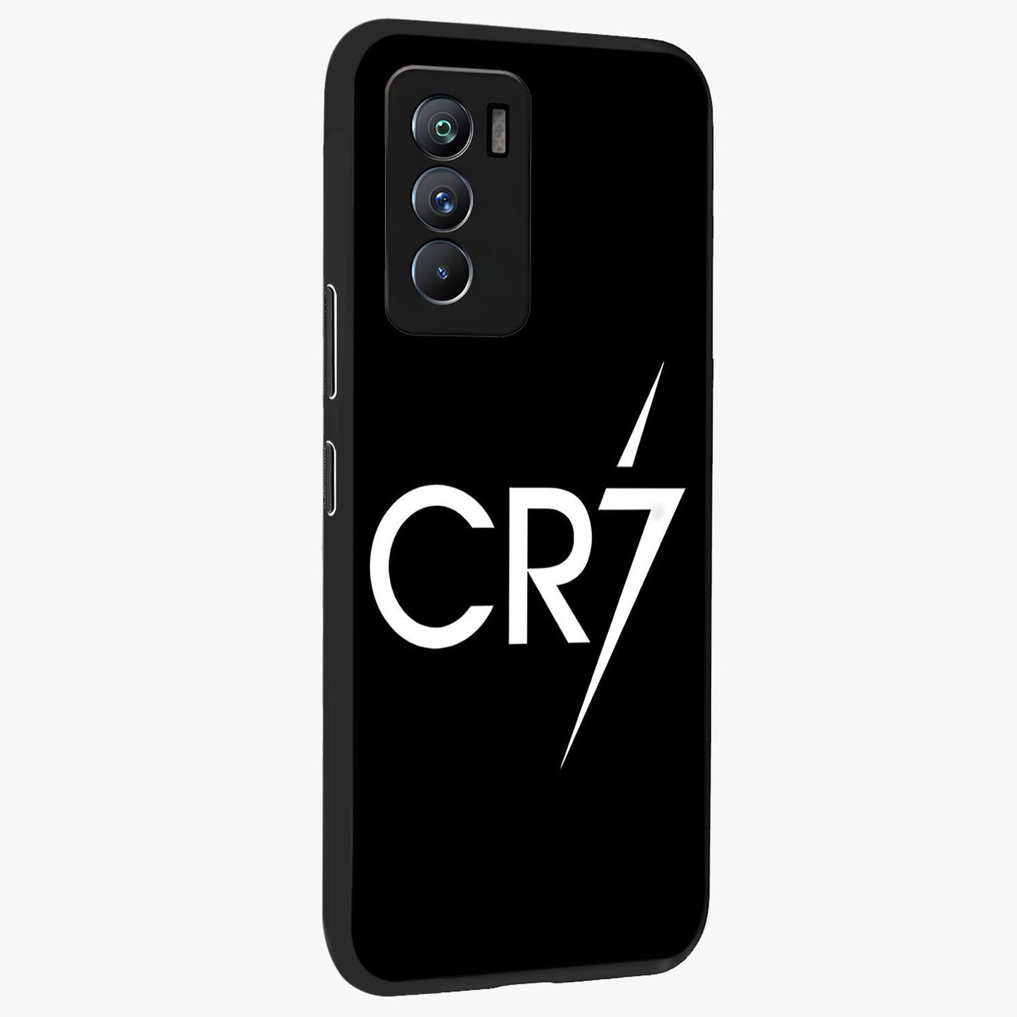 Cr7 Elite Strike Glass Case upright view showcasing energetic football inspired design with modern sports aesthetic.