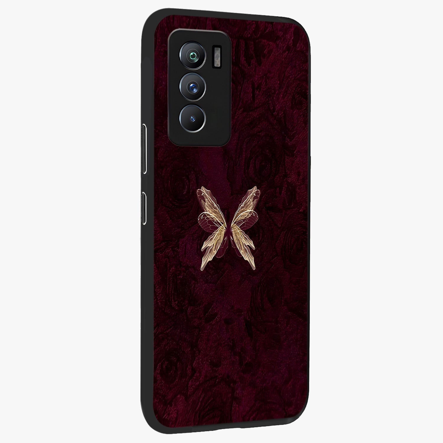Crimson Fade Butterfly Glass Case upright view showcasing graceful butterfly artwork with soft crimson fade effect.