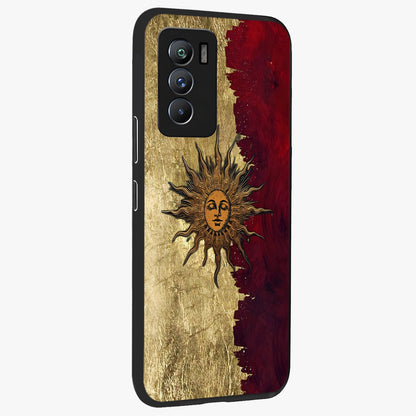 Crimson Sun Majesty Glass Case upright view showcasing vibrant sun artwork with powerful celestial theme.