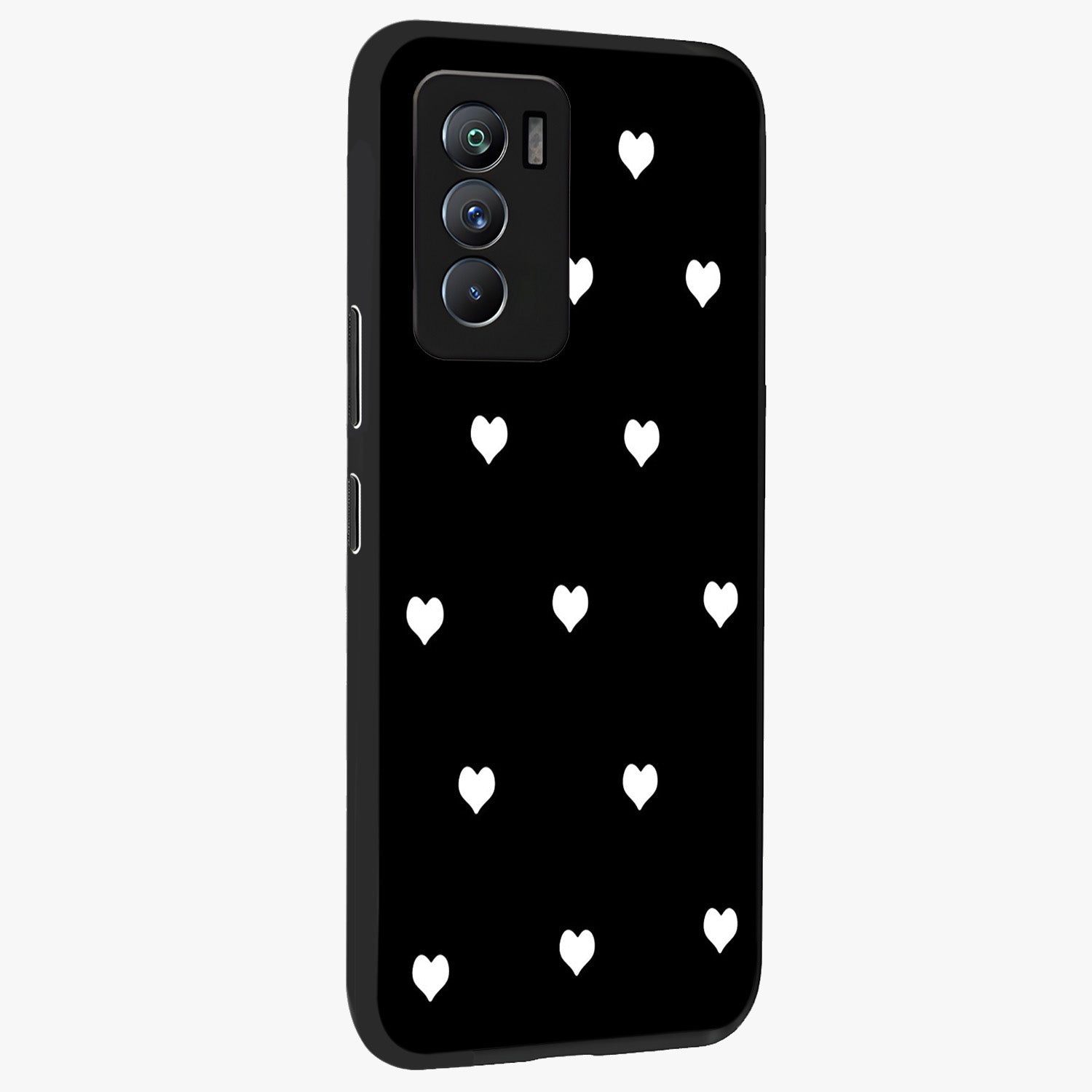 Cute And Simple White Hearts Glass Case upright view showcasing simple white hearts artwork with soft minimal theme.