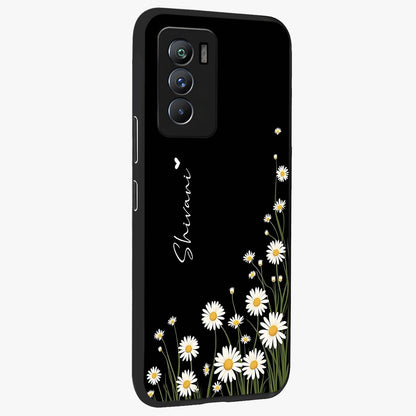 Daisy Cascade Custom Name Glass Case upright view showcasing elegant floral cascade design with personalized aesthetic.