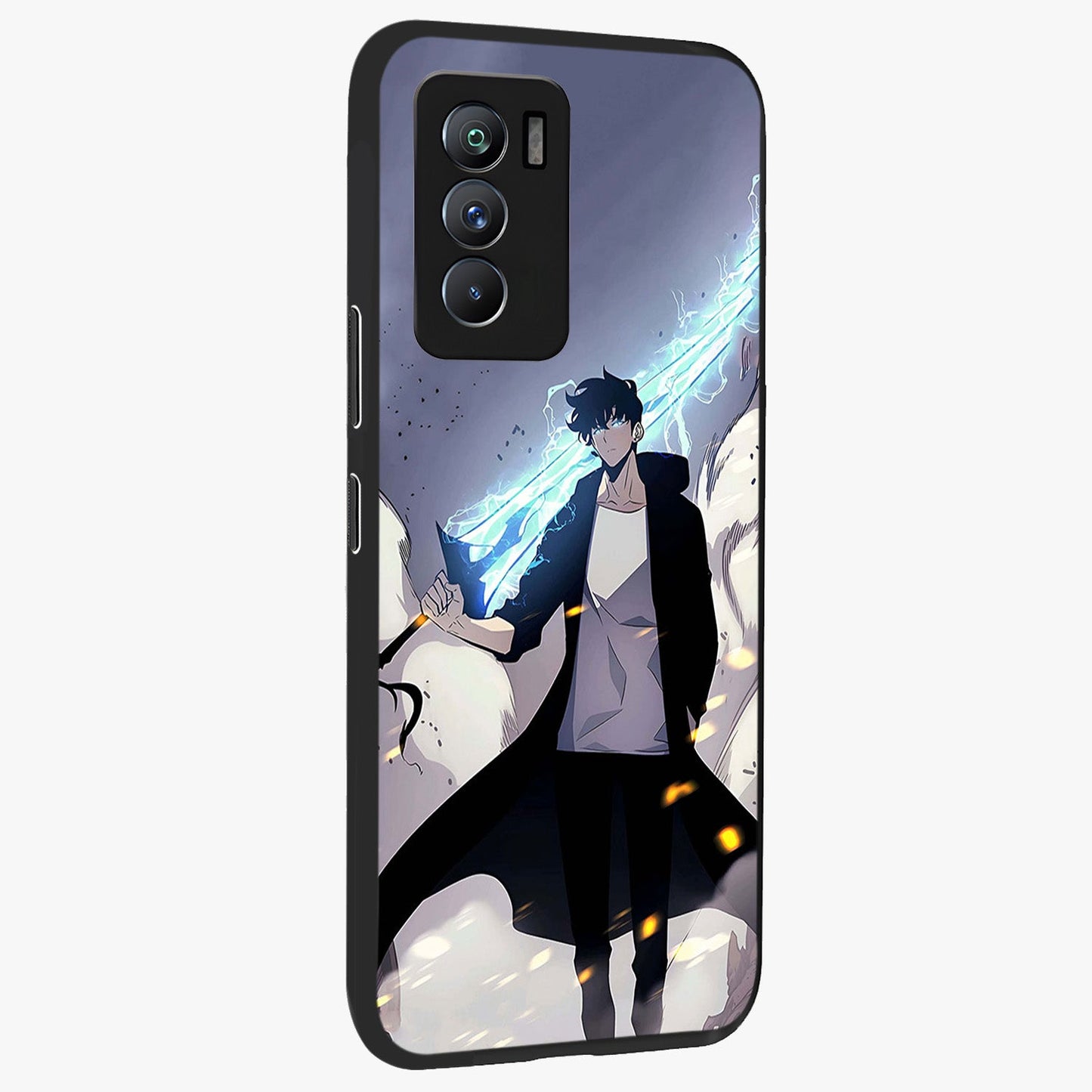 Dark Lightning Anime Warrior Glass Case upright view showcasing dramatic warrior artwork with dark lightning aesthetic.