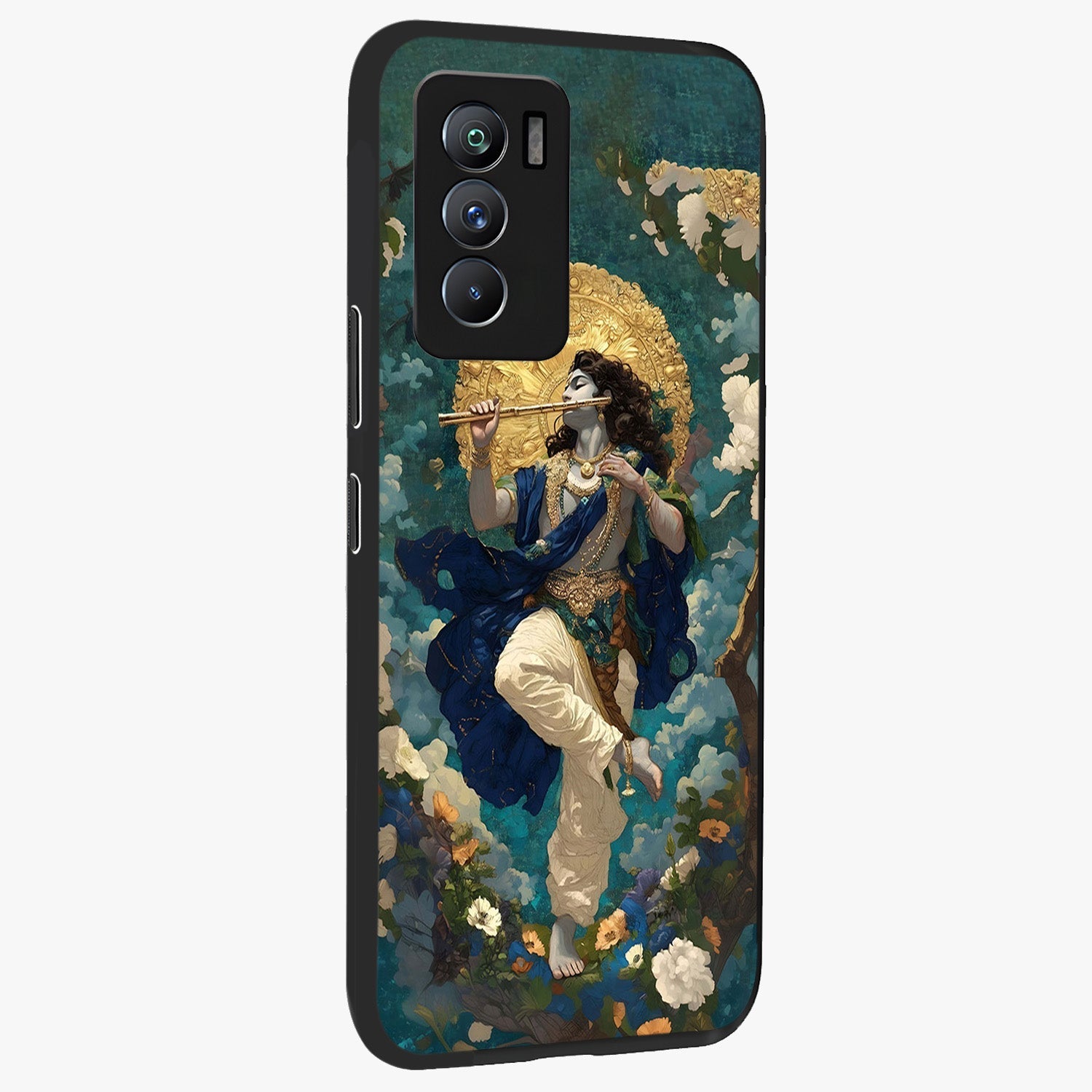 Divine Krishna Art Glass Case upright view showcasing divine Krishna artwork with sacred artistic theme.