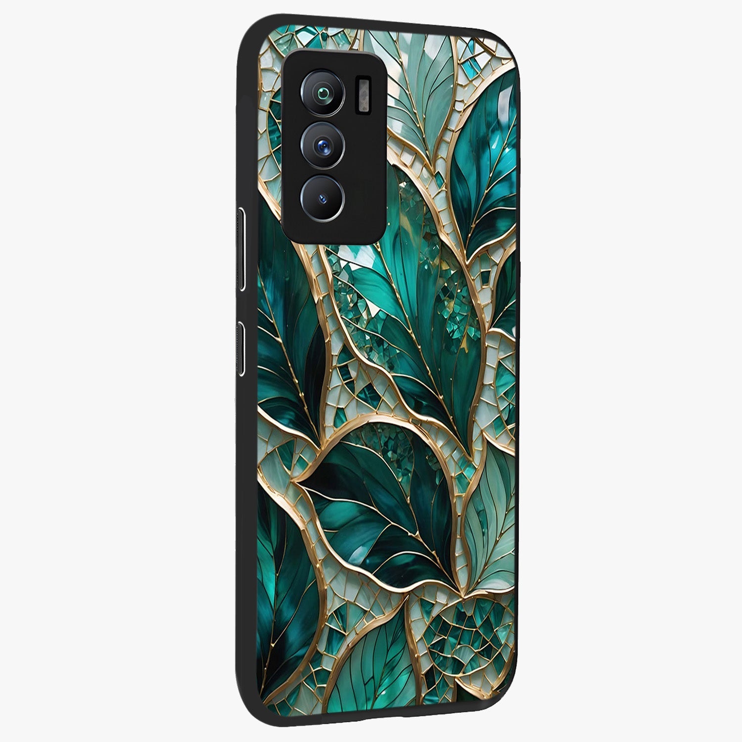 Emerald Leaf Glass Glass Case upright view showcasing fresh green leaf artwork with calming nature inspired style.