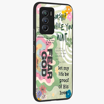 Faith Over Fear Glass Case upright view showcasing bold typography artwork with uplifting motivational theme.