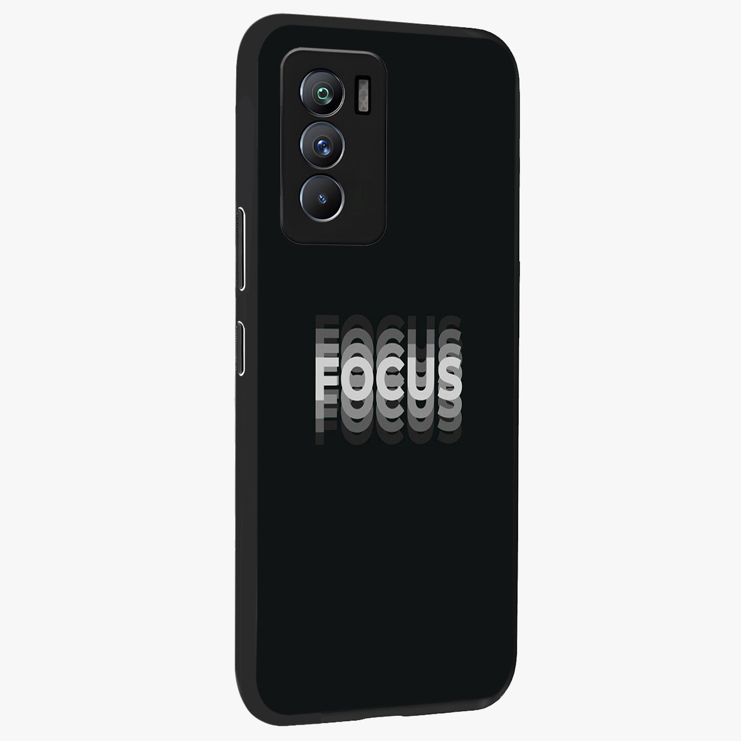 Focus Mode On Glass Case upright view showcasing strong typography statement with sleek motivational theme.