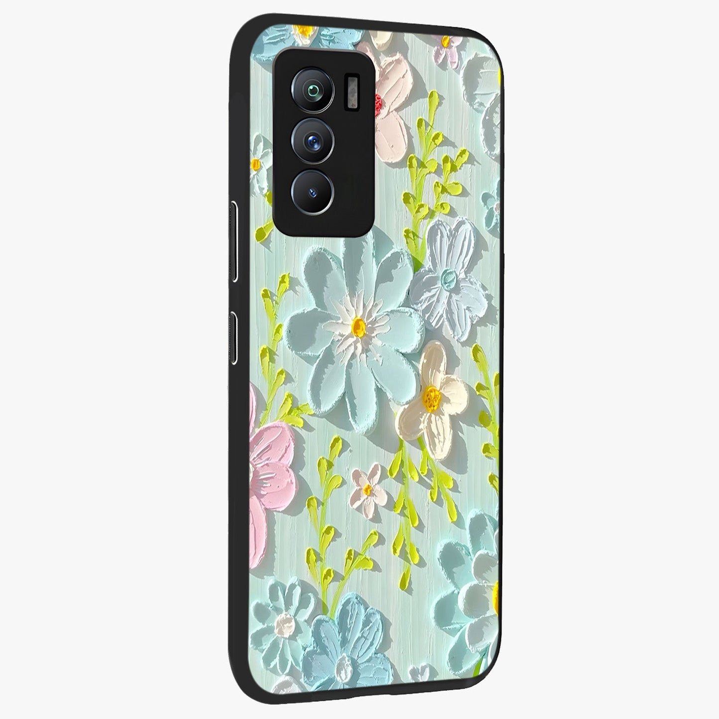 Frosted Petal Garden Glass Case upright view showcasing elegant floral garden artwork with soothing pastel theme.