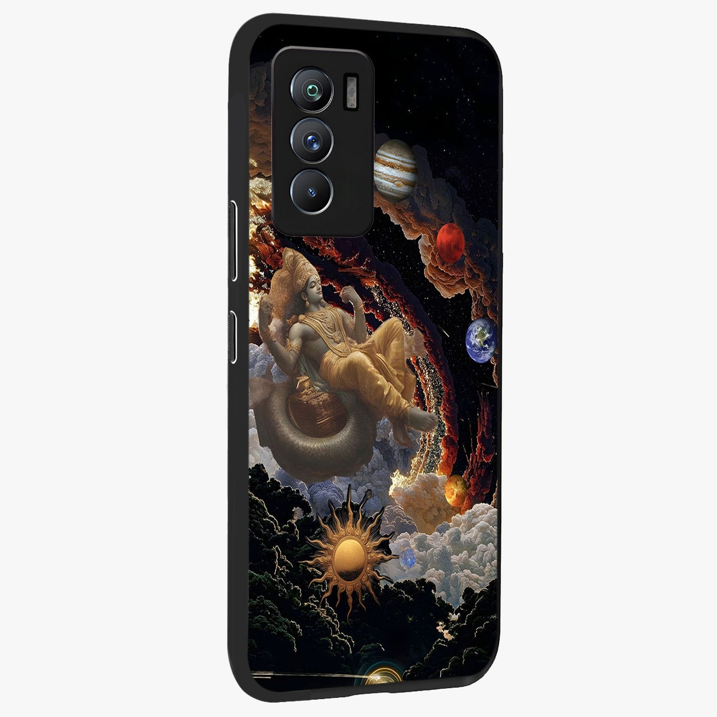 Galactic Divine God Glass Case upright view showcasing mystical divine artwork with dramatic cosmic theme.