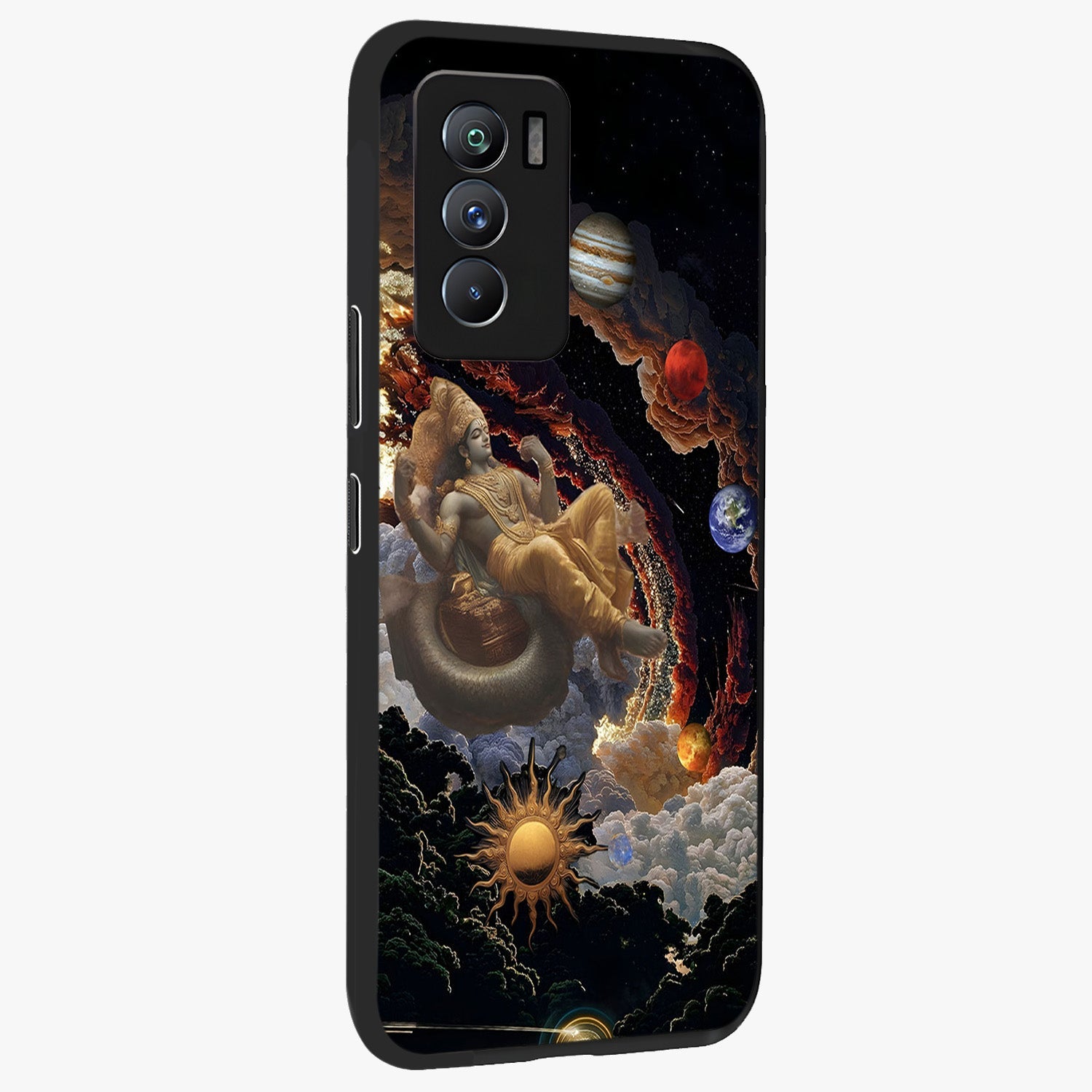 Galactic Divine God Glass Case upright view showcasing mystical divine artwork with dramatic cosmic theme.