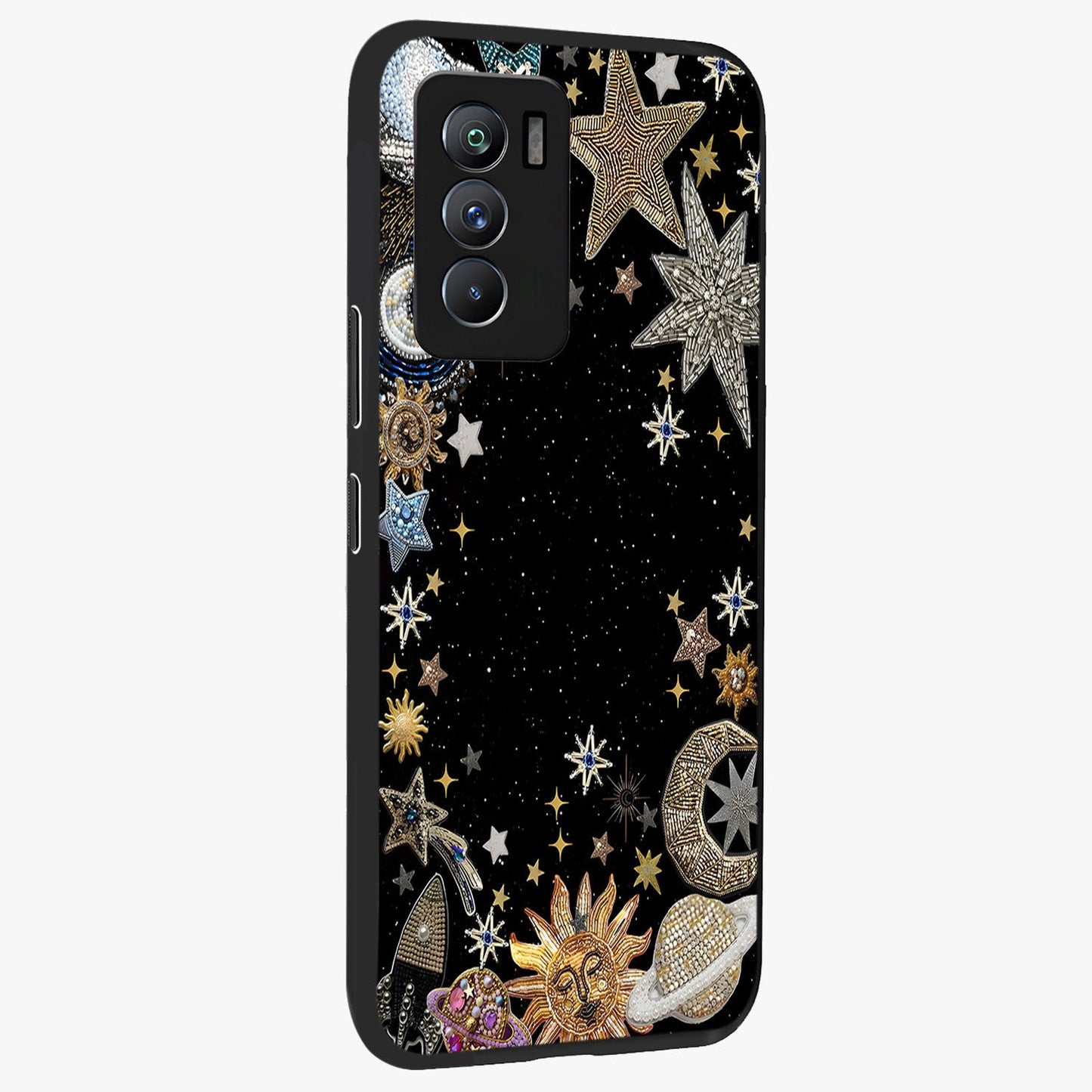Galactic Jewel Stars Glass Case upright view showcasing glittering star jewel artwork with vibrant galaxy theme.