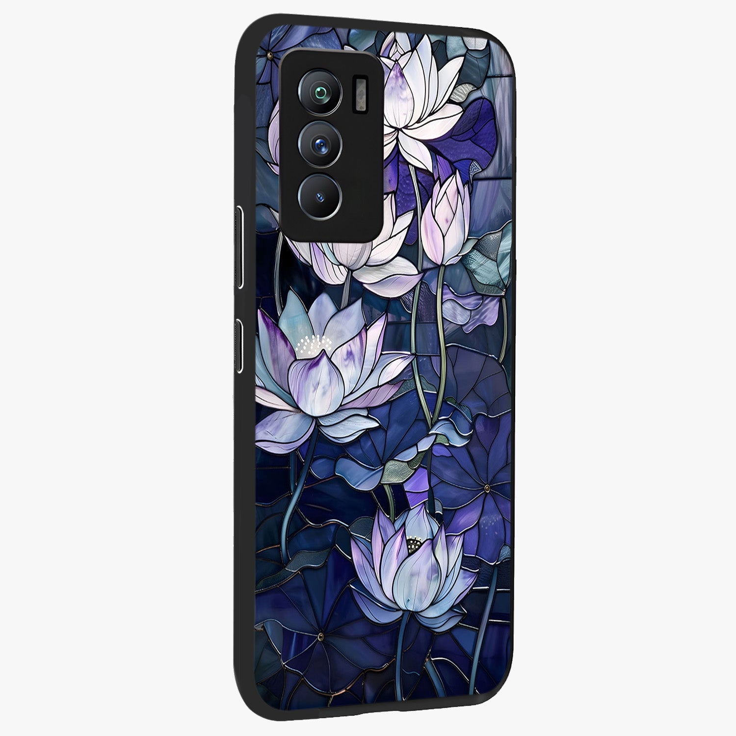 Gloss Petal Rush Glass Case upright view showcasing dynamic floral petal artwork with modern botanical theme.