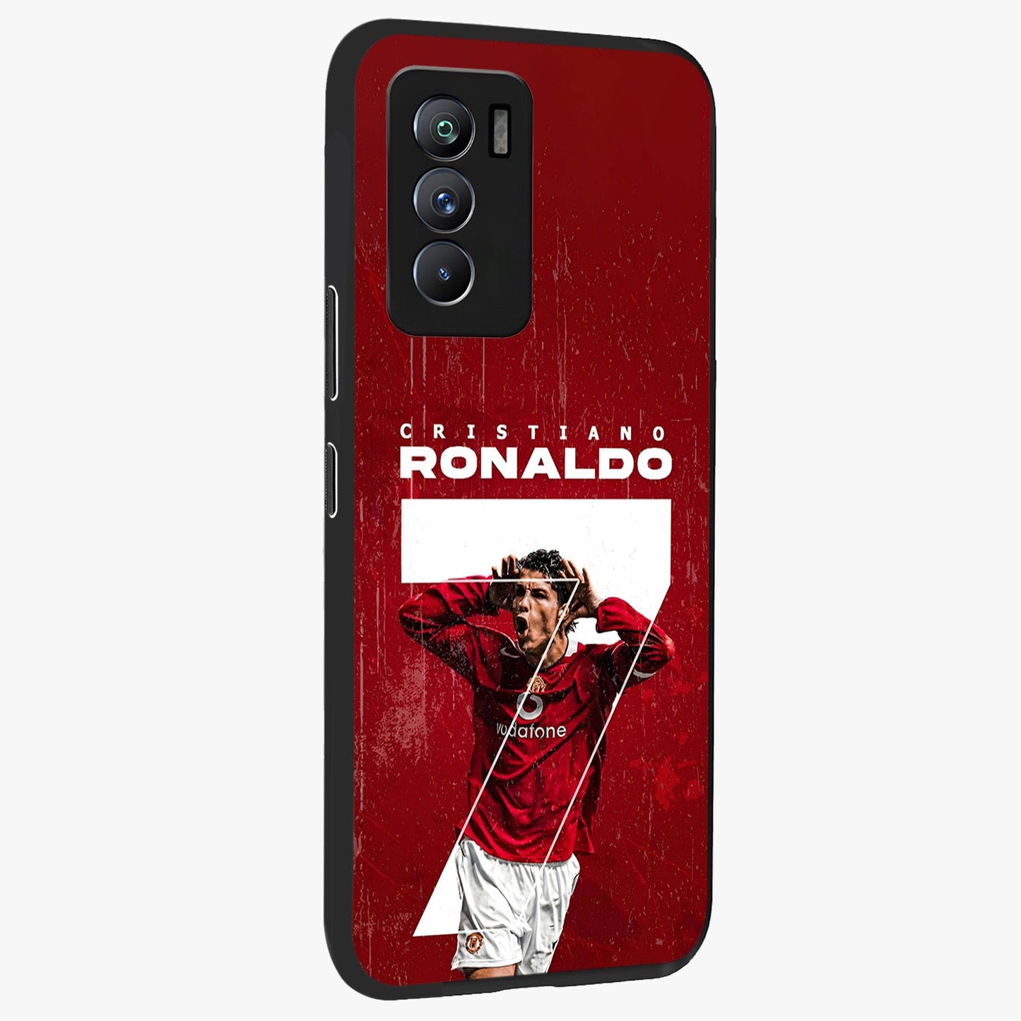 Goal Celebration Legacy Glass Case upright view showcasing dynamic football inspired artwork with victory celebration aesthetic.