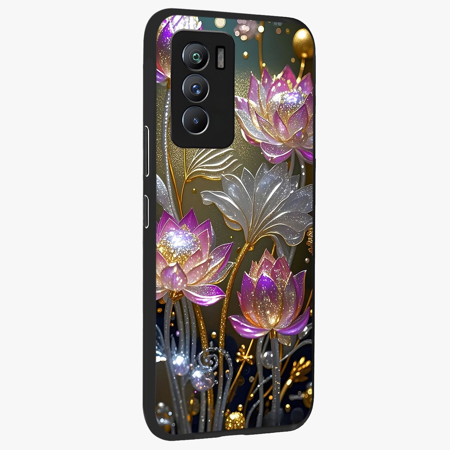 Golden Floral Majesty Glass Case upright view showcasing majestic floral artwork with rich decorative theme.