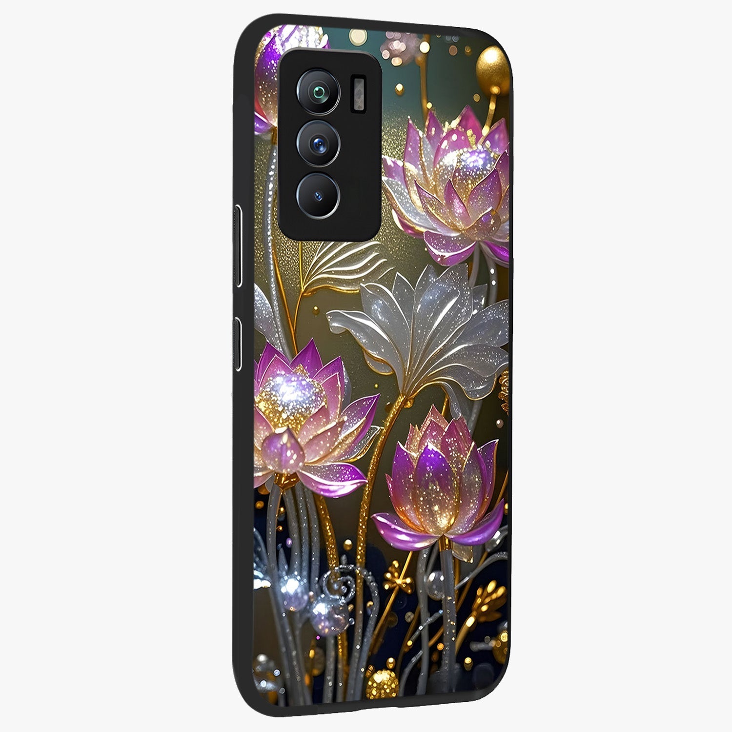 Golden Floral Majesty Glass Case upright view showcasing majestic floral artwork with rich decorative theme.