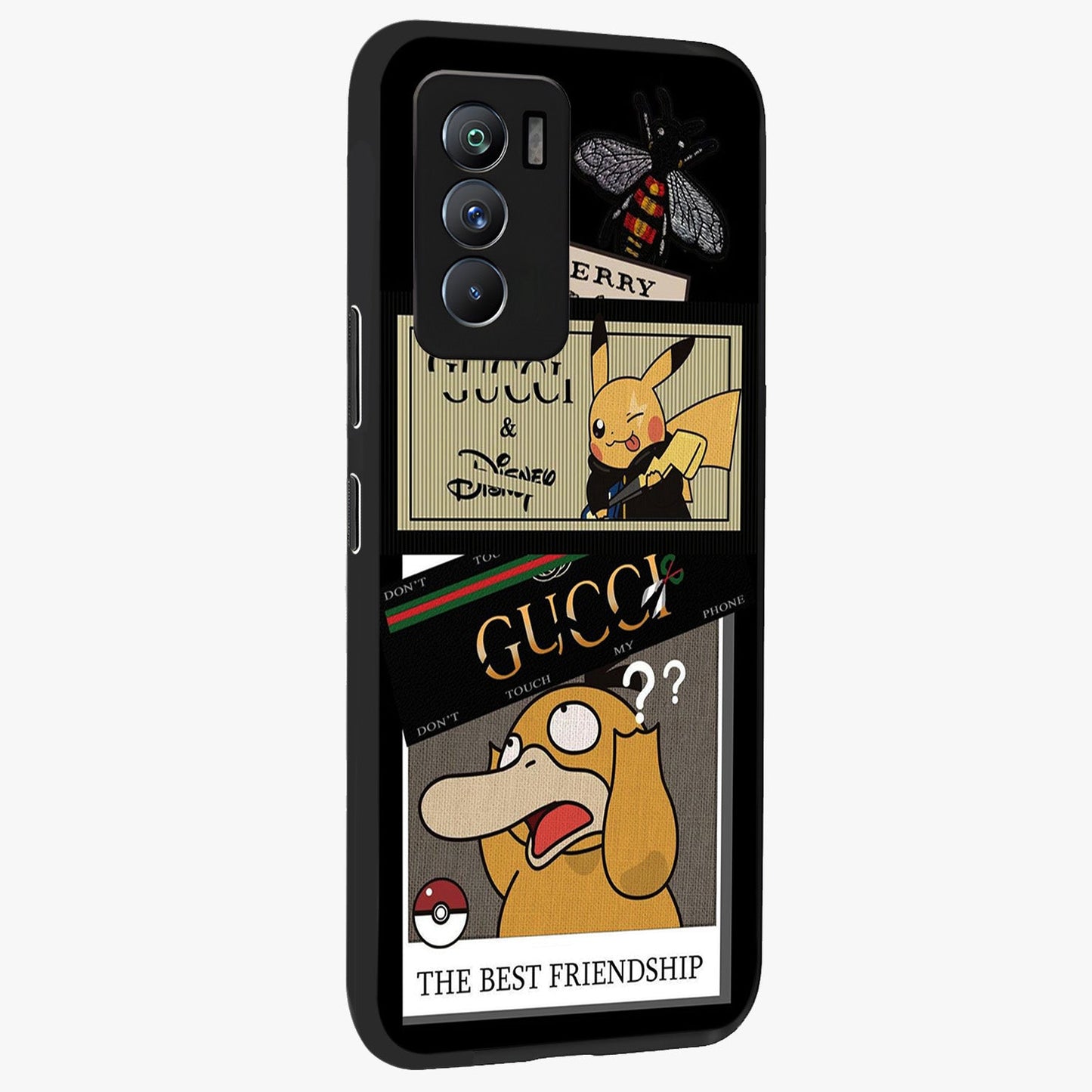 Gucci Play Mashup Glass Case upright view showcasing trendy luxury inspired artwork with modern fashion theme.