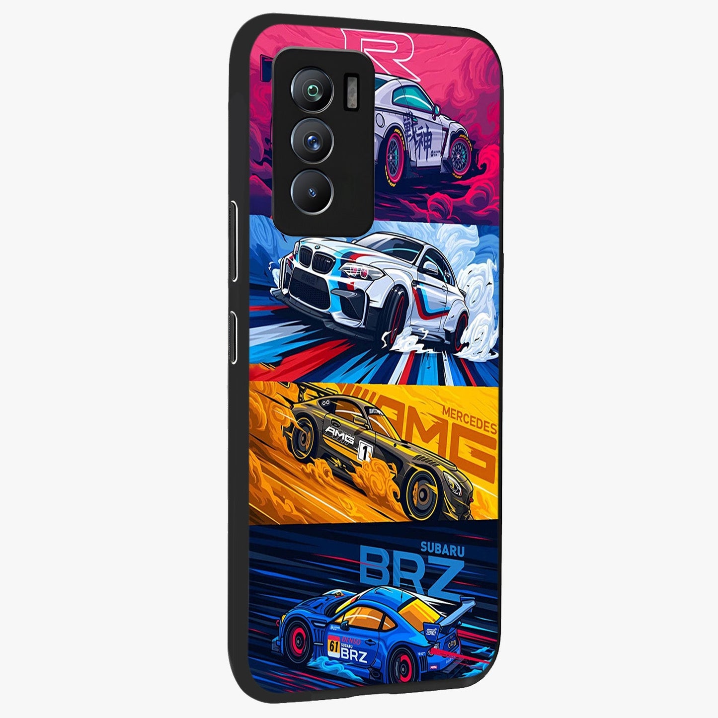 JDM Sports Car Glass Case upright view showcasing dynamic sports car artwork with bold racing theme.