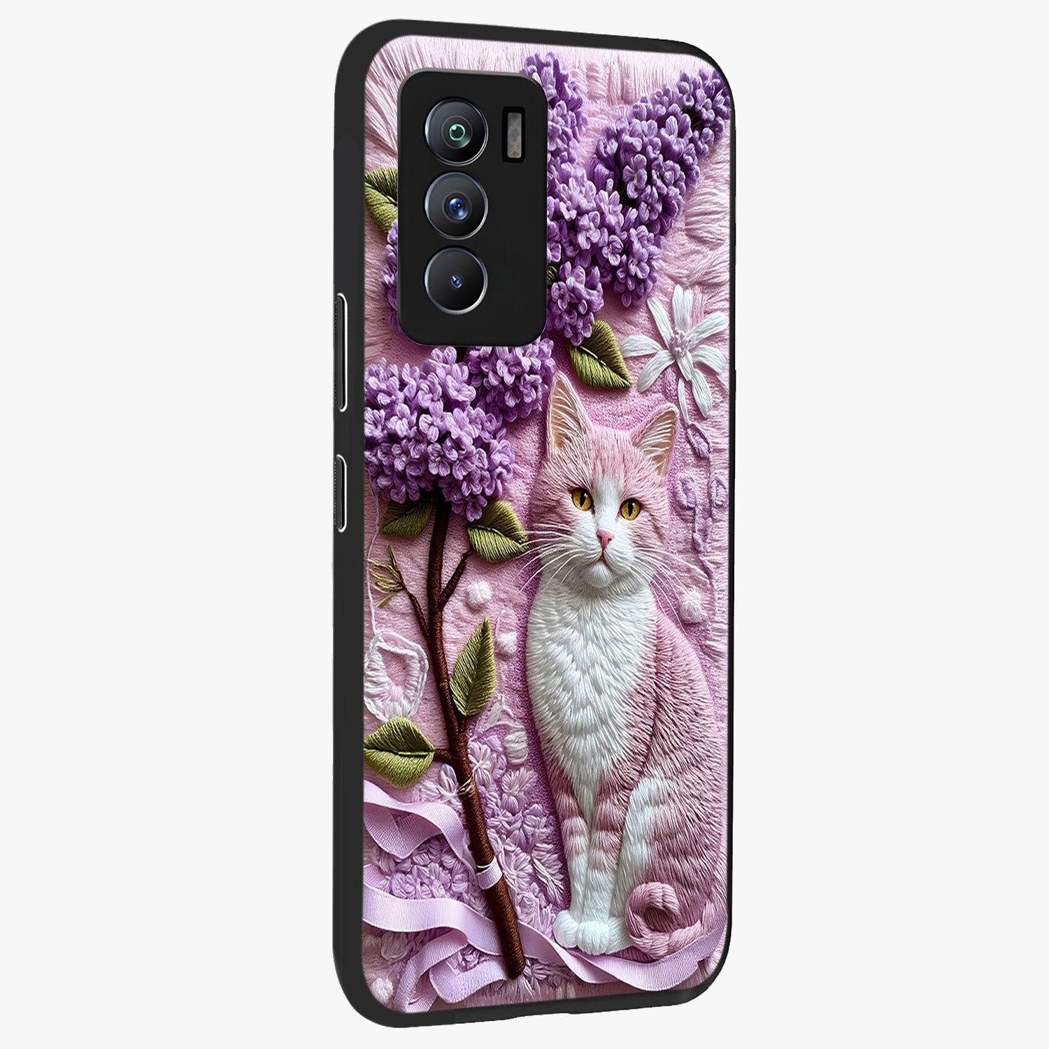 Lavender Cat Whimsy Glass Case upright view showcasing charming cat artwork with whimsical lavender theme.