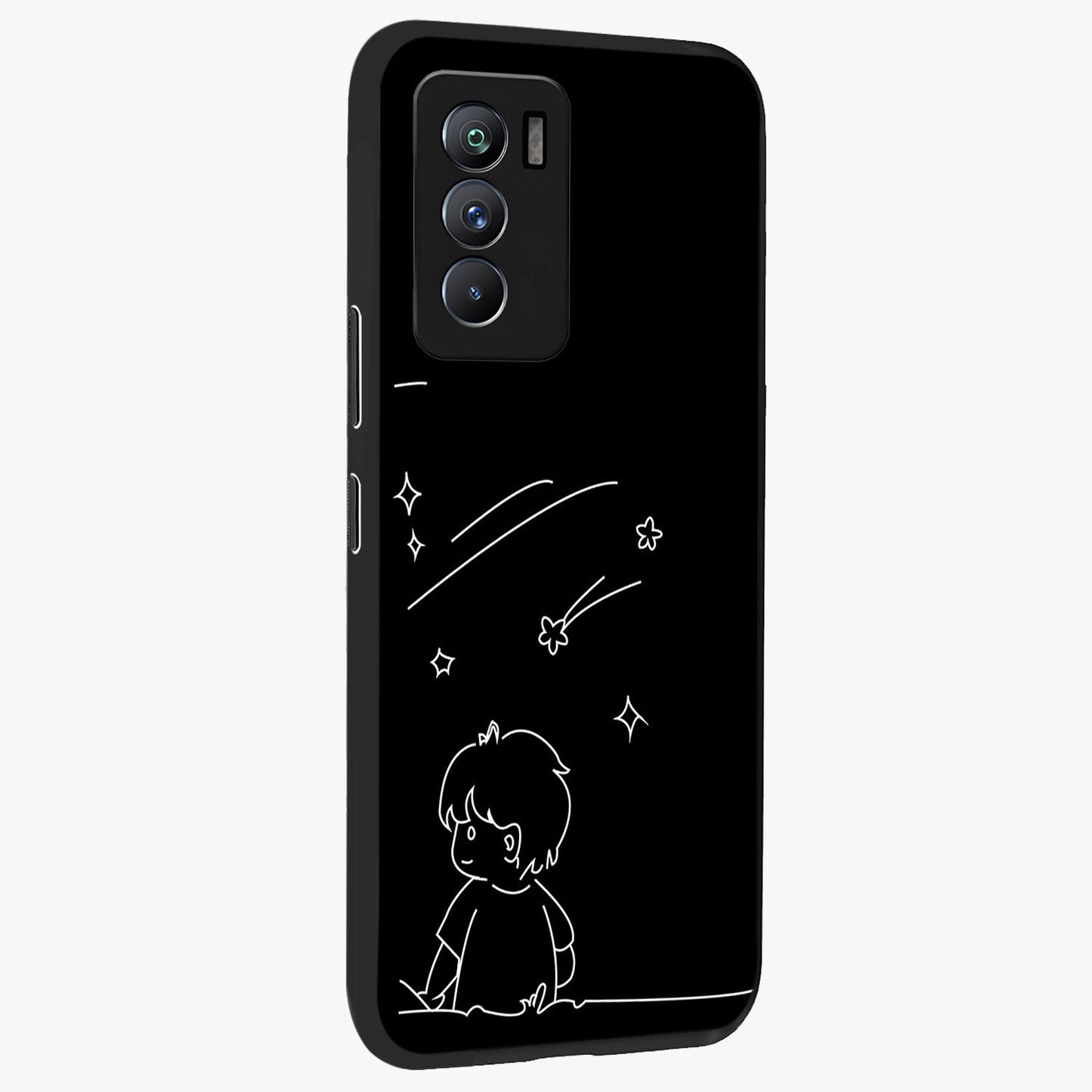 Line Art Boy With Shooting Stars Glass Case upright view showcasing artistic shooting star illustration with minimal style.
