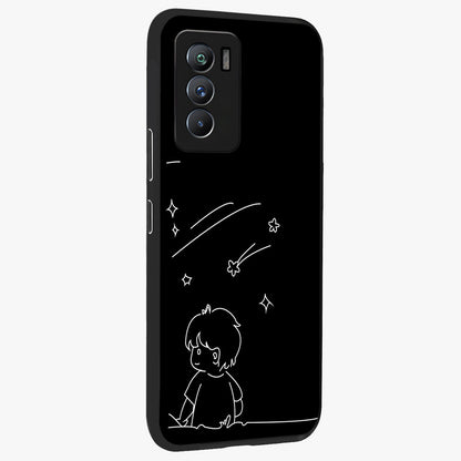 Line Art Boy With Shooting Stars Glass Case upright view showcasing artistic shooting star illustration with minimal style.