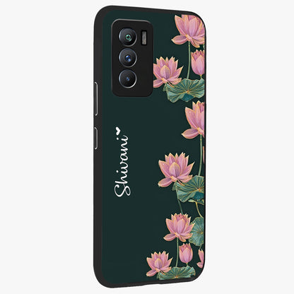 Lotus Bloom Serenity Custom Name Glass Case upright view showcasing serene lotus bloom artwork with personalized floral aesthetic.