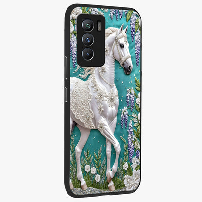Majestic Floral Stallion Glass Case upright view showcasing dramatic horse artwork with decorative floral theme.