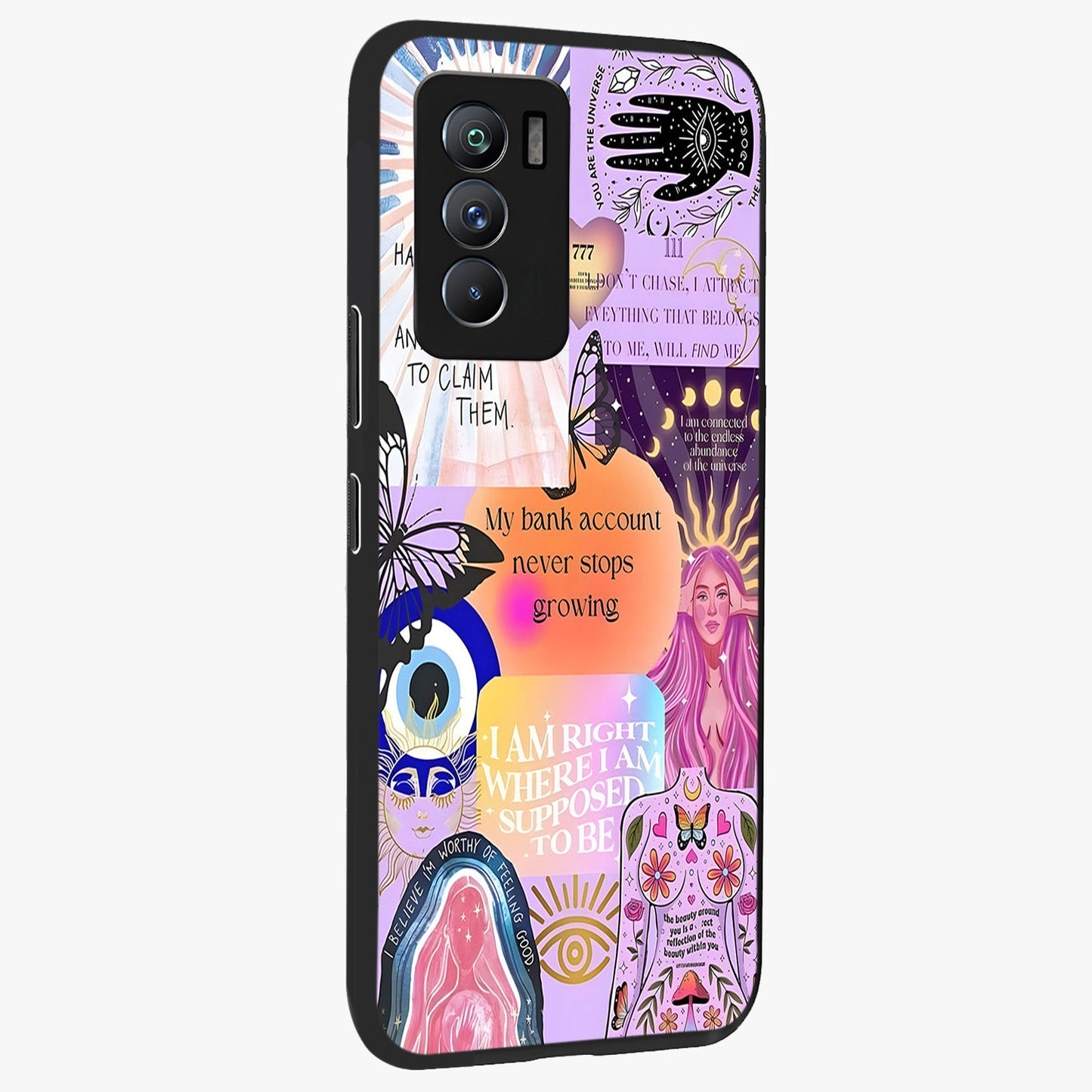 Manifestation Collage Glass Case upright view showcasing artistic manifestation themed artwork with creative style.