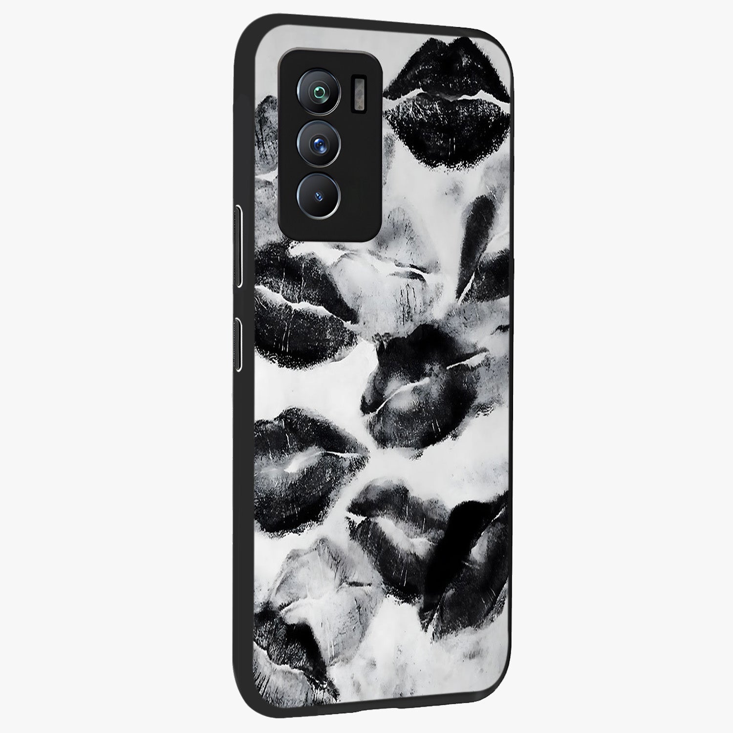 Midnight Kiss Marks Glass Case upright view showcasing stylish kiss mark artwork with trendy romantic theme.