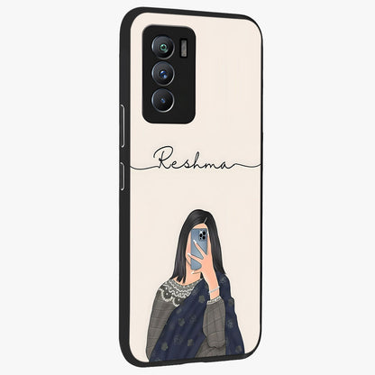 Mirror Mood Muse With Custom Name Glass Case upright view showcasing artistic mirror themed artwork with personalized aesthetic.