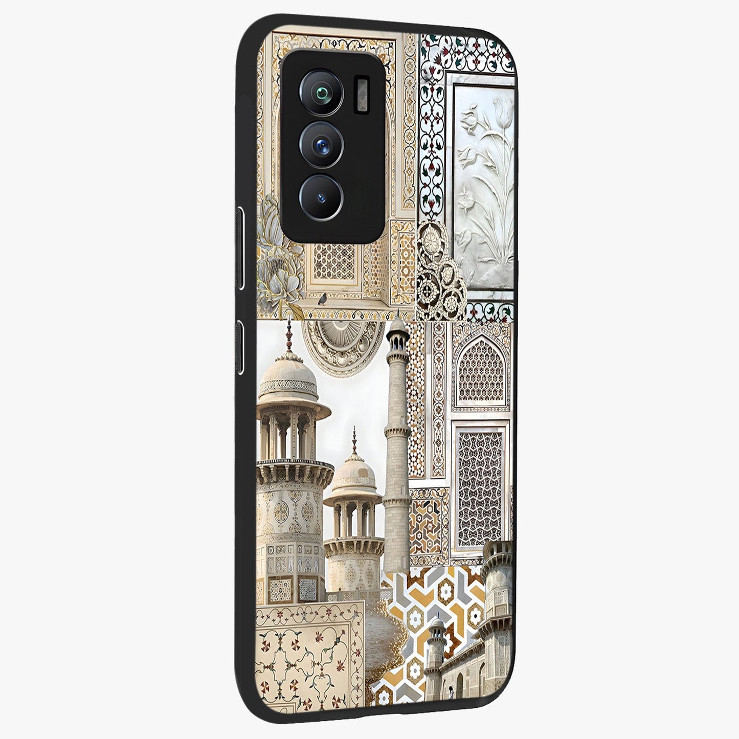 Mughal Marble Legacy Glass Case upright view showcasing ornate Mughal design with luxurious traditional theme.