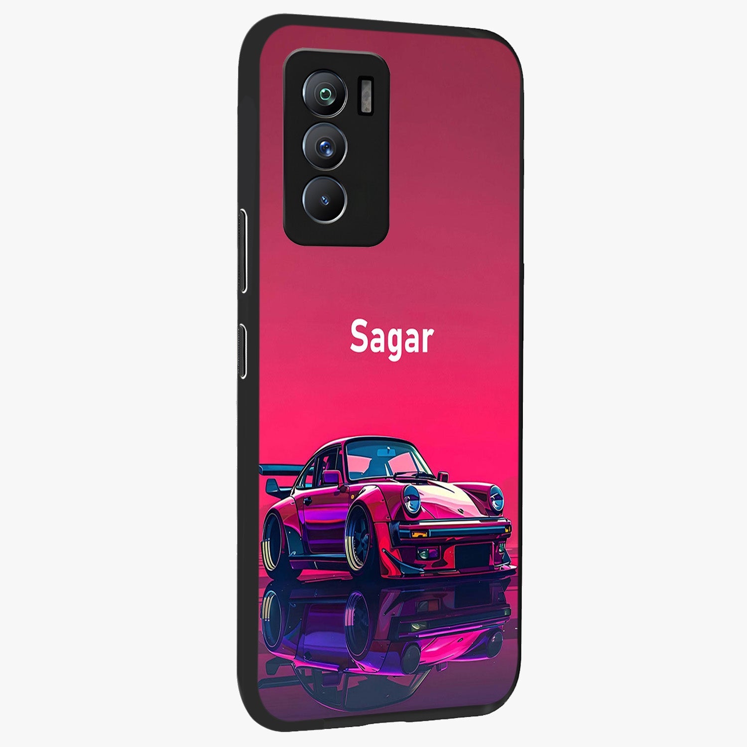 Neon Pink Porsche Glass Case upright view showcasing vibrant sports car artwork with bold automotive theme.