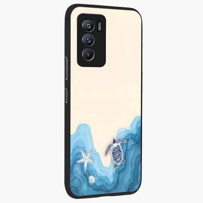 Ocean Drift Turtle Glass Case upright view showcasing calm underwater turtle artwork with nature inspired theme.