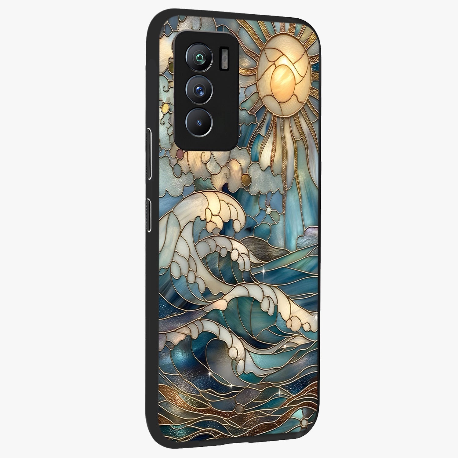 Oceanic Stained Printed Glass Case upright view showcasing decorative ocean pattern artwork with vibrant marine theme.