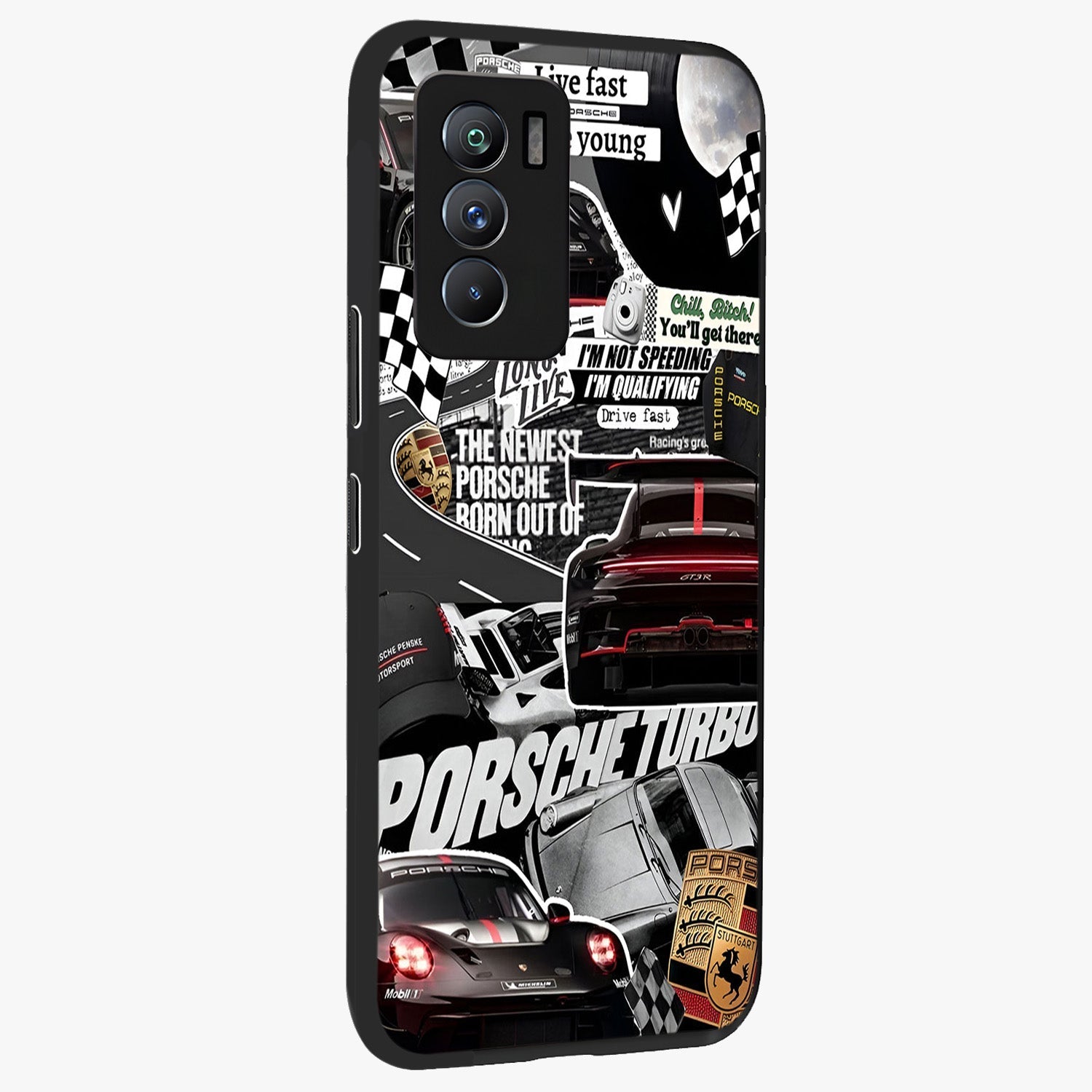 Porsche Racing Collage Glass Case upright view showcasing energetic car collage artwork with high speed racing theme.