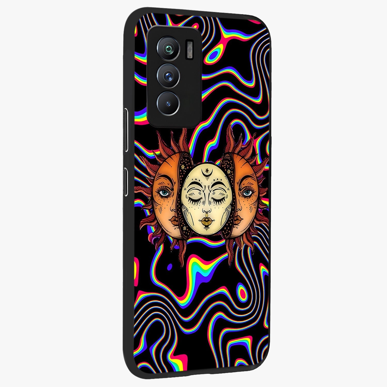 Psychedelic Sun Glass Case upright view showcasing trippy sun artwork with bold psychedelic theme.